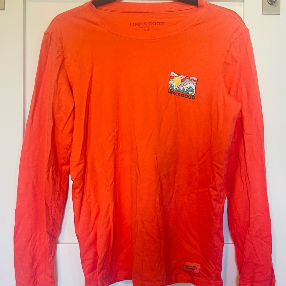 Life Is Good Vibrant Coral Long-Sleeve Tee with Graphic Casual Beachy